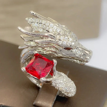Silver Dragon Rings For Men Women Luxury Red Blue Gemstone Ring