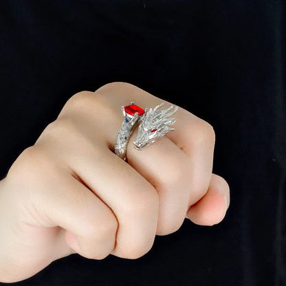 Silver Dragon Rings For Men Women Luxury Red Blue Gemstone Ring