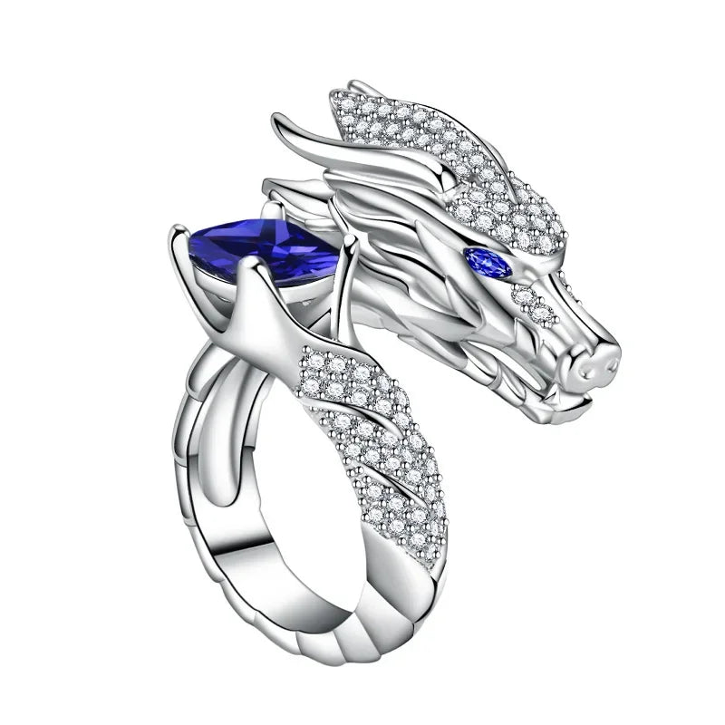 Silver Dragon Rings For Men Women Luxury Red Blue Gemstone Ring