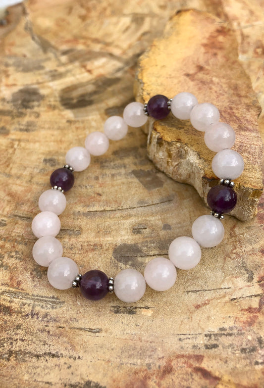 Rose Quartz & Amethyst Stretch Bracelet! Genuine Crystals
