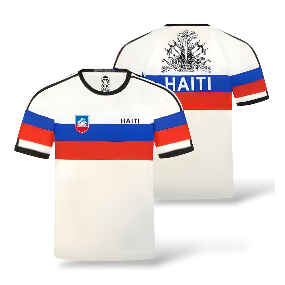 Haiti Flag White Soccer Jersey for Men Haitian Pride Football Shirt with Coat of Arms Design