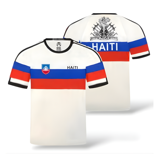 Haiti Flag White Soccer Jersey for Men Haitian Pride Football Shirt with Coat of Arms Design