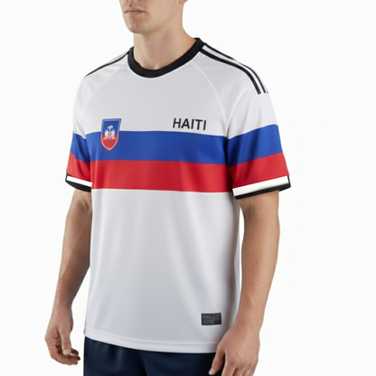 Haiti Flag White Soccer Jersey for Men Haitian Pride Football Shirt with Coat of Arms Design